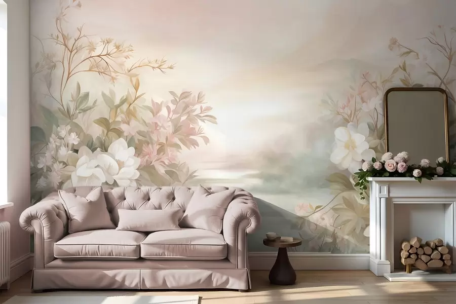 murales de pared Un paisaje con un río rodeado de flores y plantas, colores suaves, cielo rosado, estilo con textura de acuarela. w09537