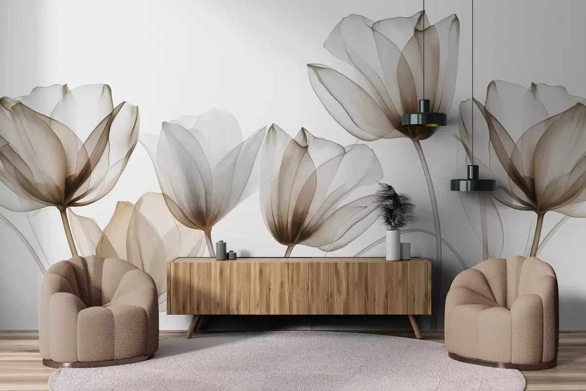 murales de pared Flores de tulipán translúcidas de color marrón y blanco con tallos largos, sobre un fondo claro, delicadas y con textura, arte floral. w09538v1