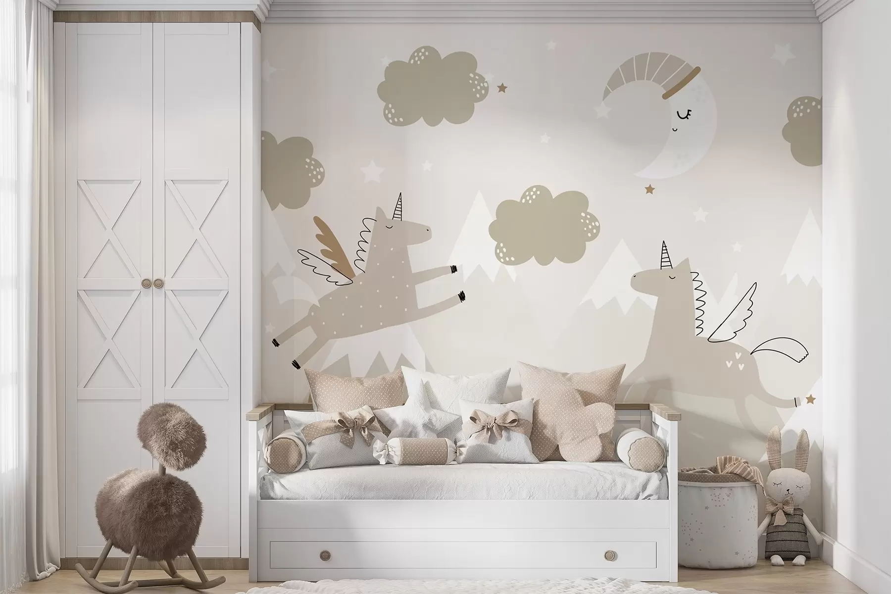 murales de pared Luna dormida, unicornios y globos w04886