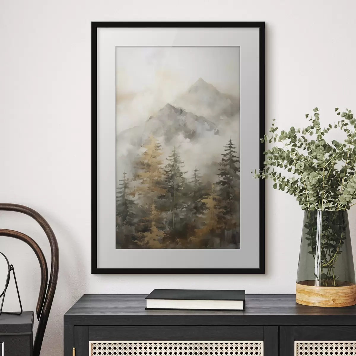 Poster Bosque con las montañas como telón de fondo, imitación de pintura f46670