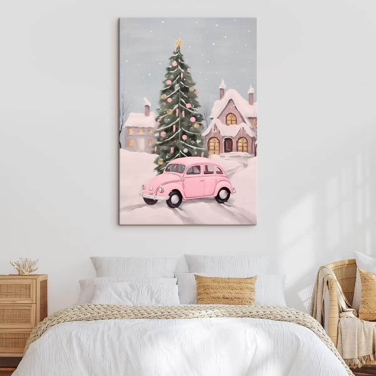 murales de pared Coche rosa y árbol de Navidad decorado fuera de la casa. s46621