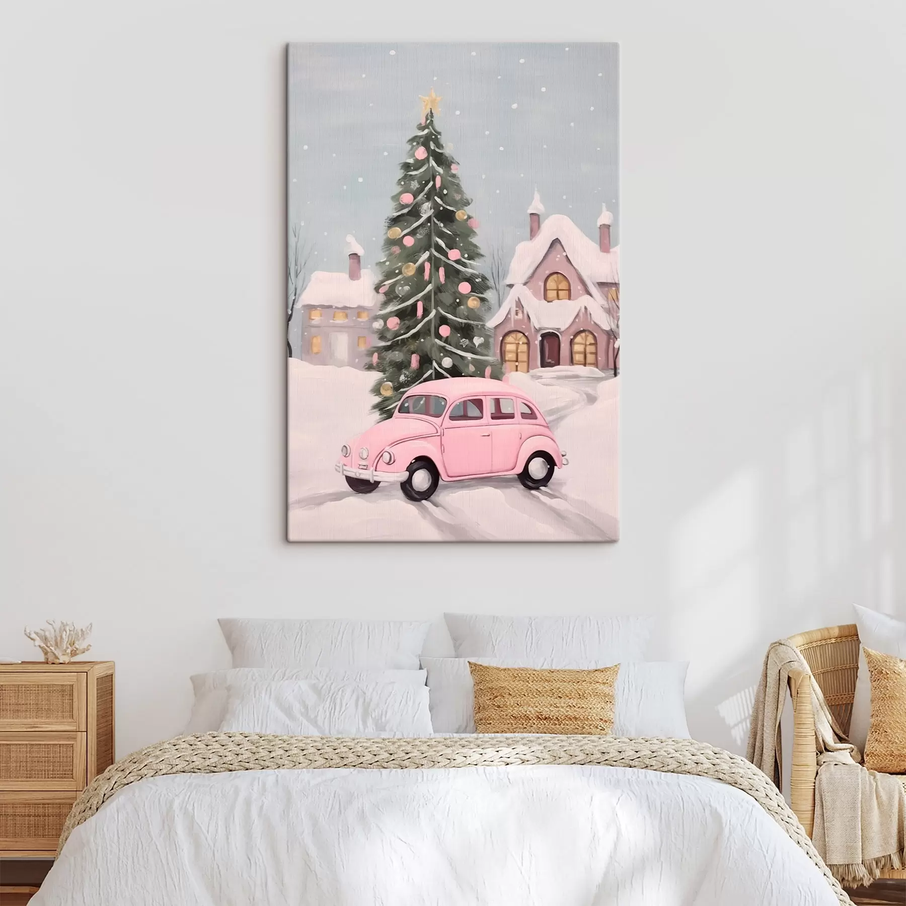 murales de pared Coche rosa y árbol de Navidad decorado fuera de la casa. s46621