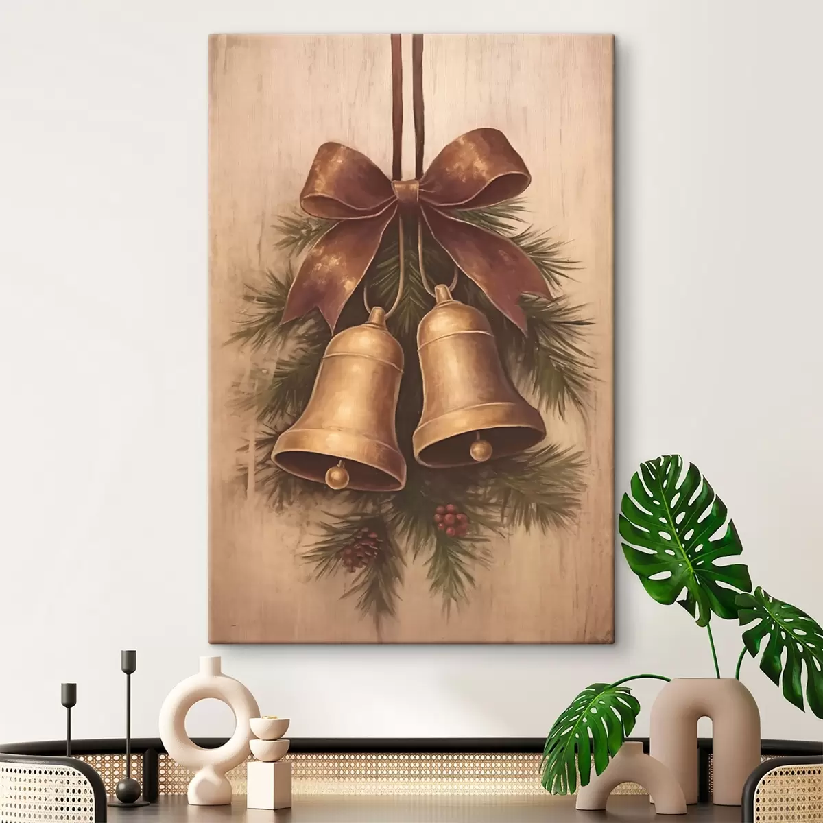 murales de pared Decoración navideña vintage con dos campanas y un lazo. s46626