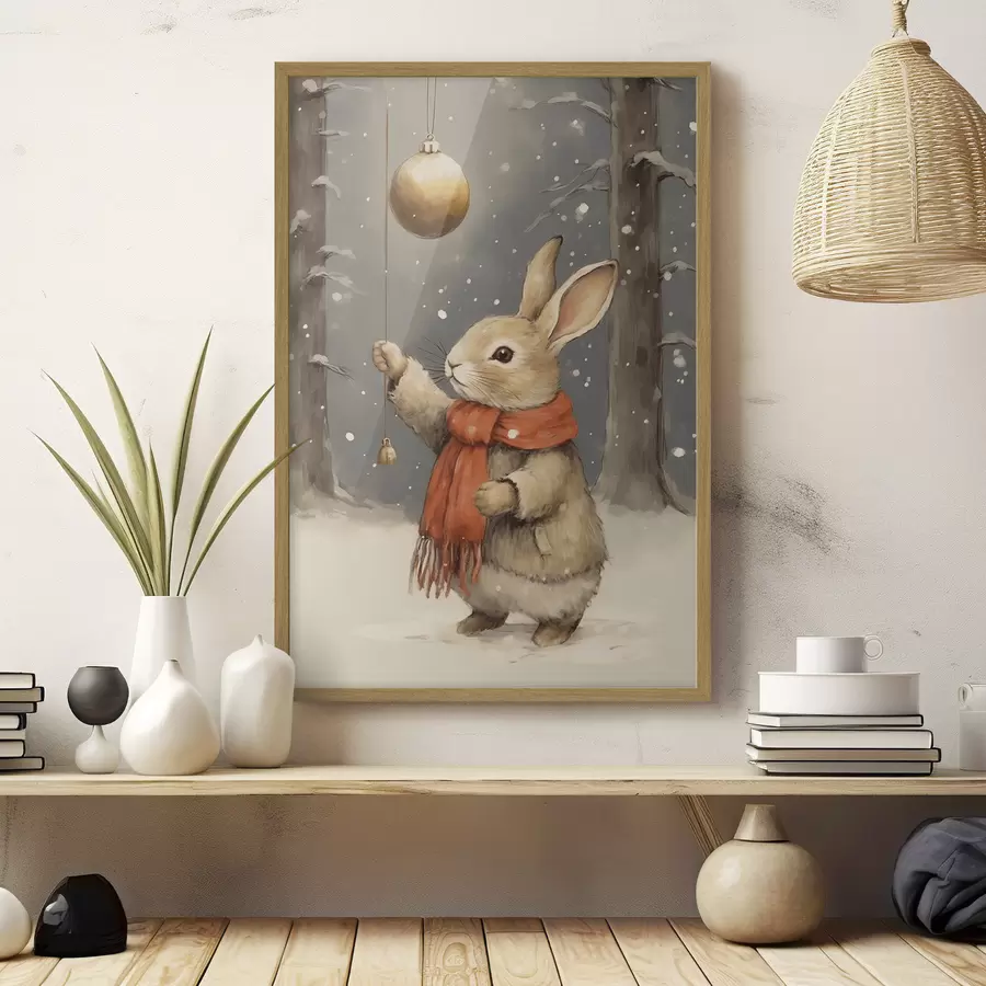 murales de pared Liebre invernal con bufanda y adorno navideño para árbol de Navidad f46619