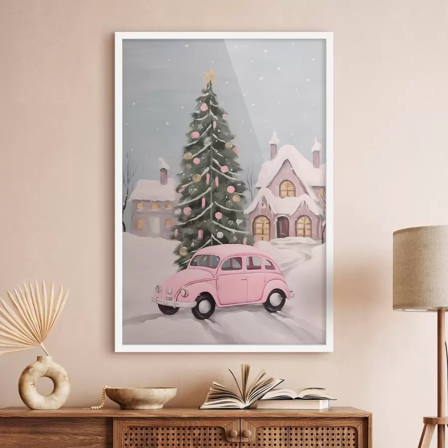 murales de pared Coche rosa y árbol de Navidad decorado fuera de la casa. f46621