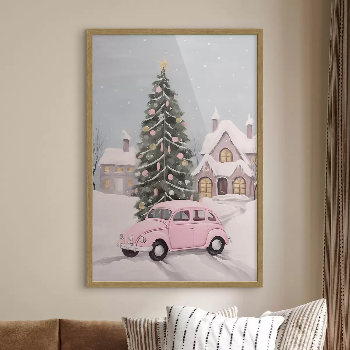 Poster Coche rosa y árbol de Navidad decorado fuera de la casa f46621