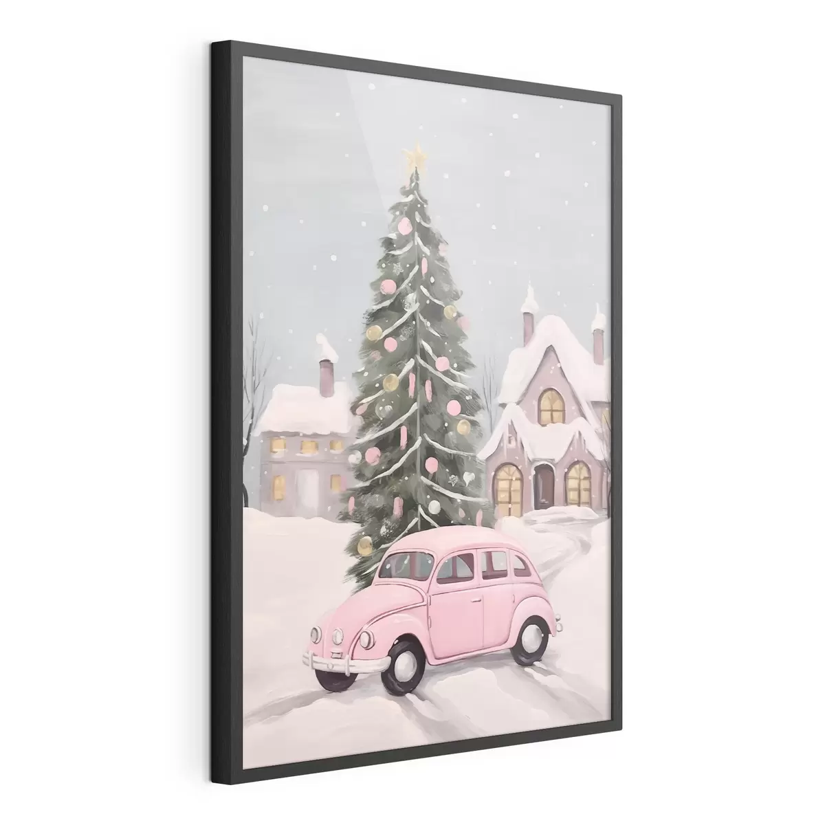 Poster Coche rosa y árbol de Navidad decorado fuera de la casa f46621