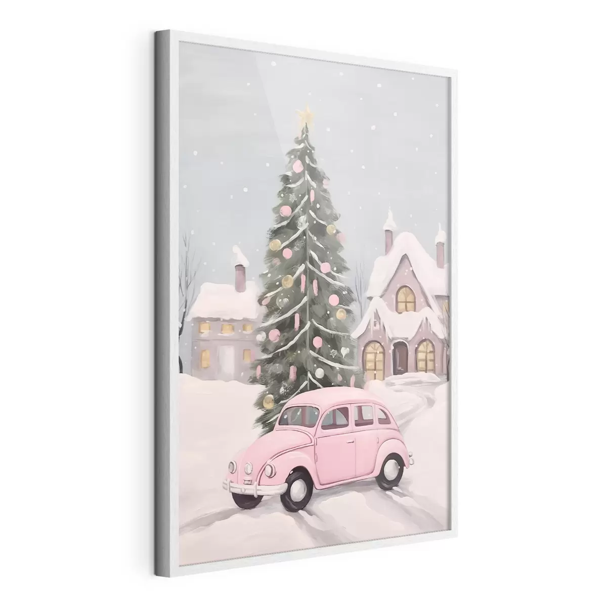 Poster Coche rosa y árbol de Navidad decorado fuera de la casa f46621