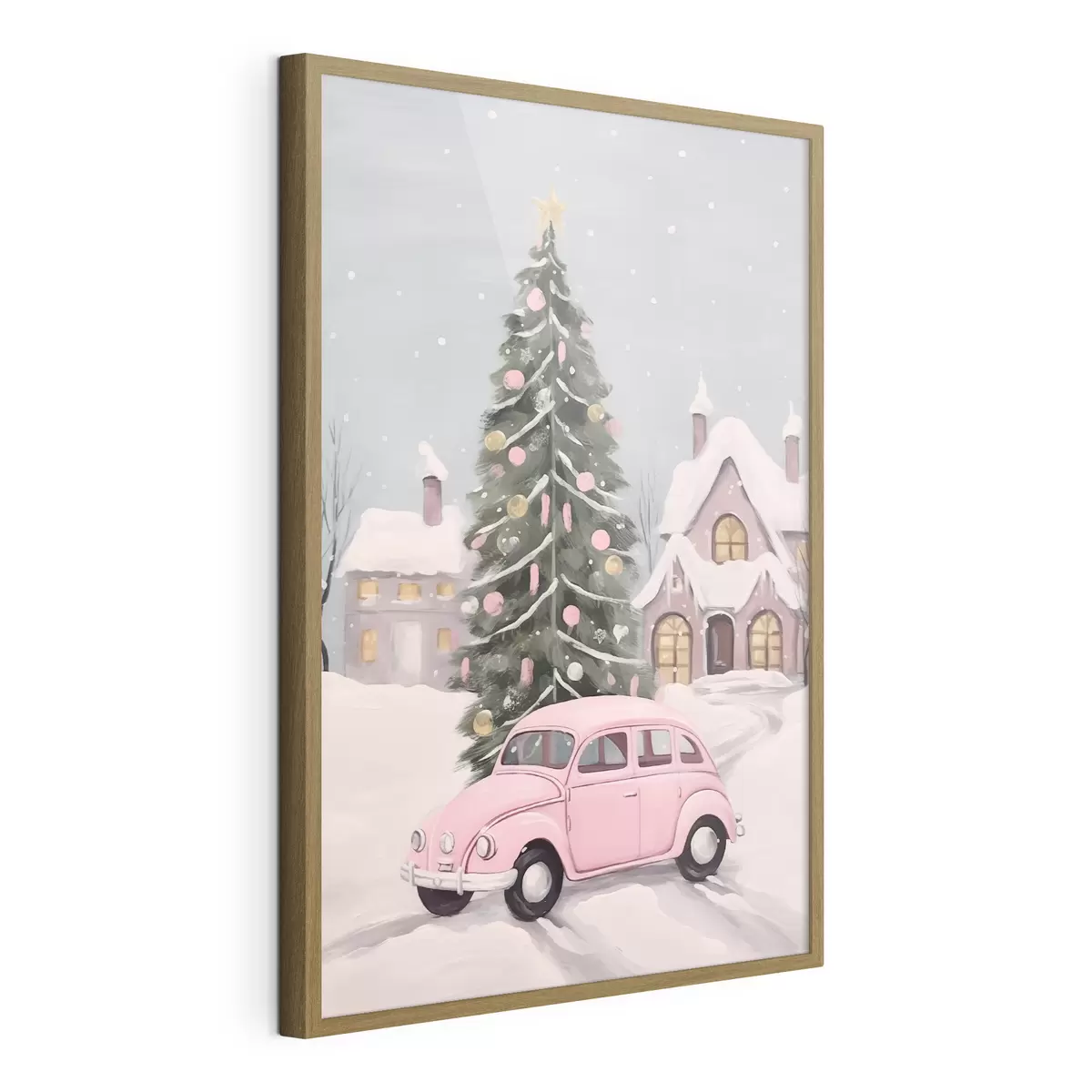 Poster Coche rosa y árbol de Navidad decorado fuera de la casa f46621