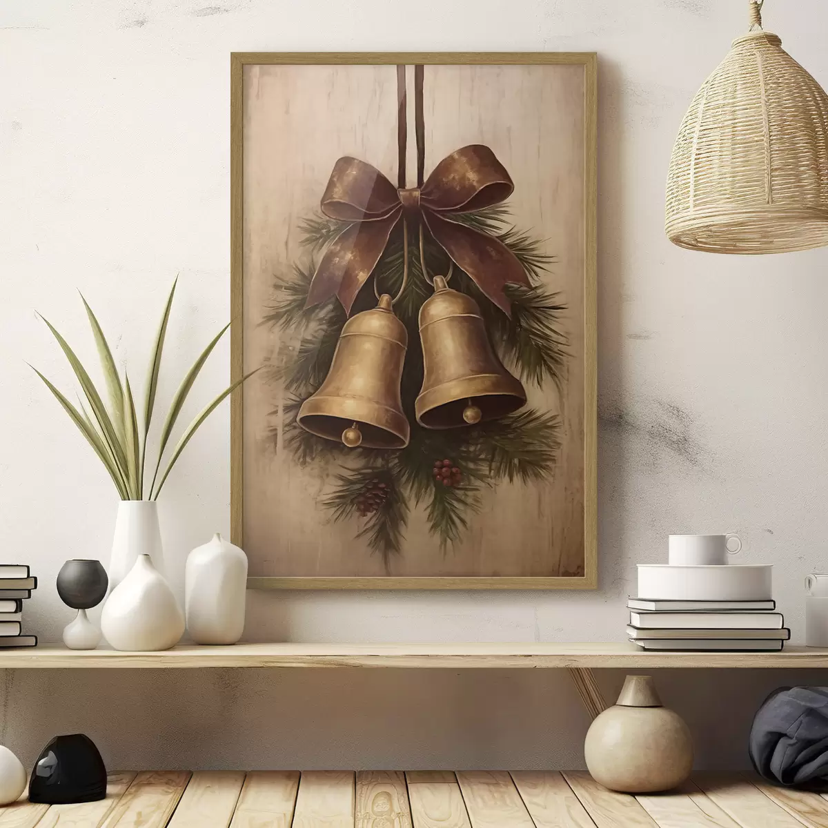 Poster Decoración navideña vintage con dos campanas y un lazo f46626
