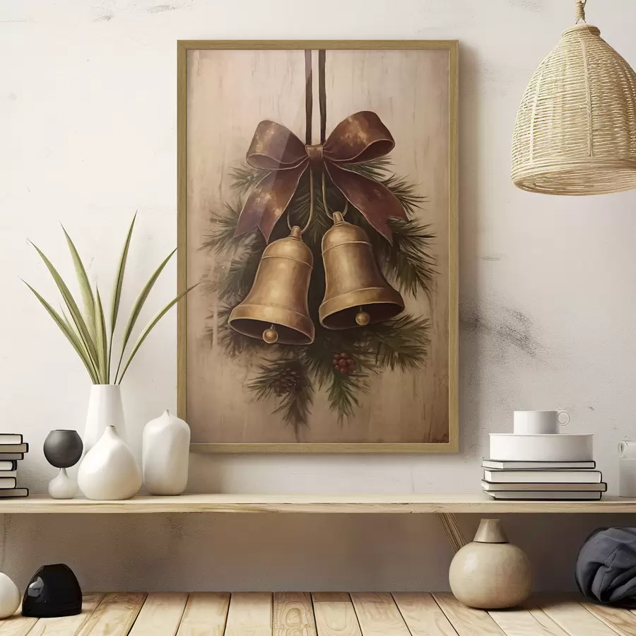 murales de pared Decoración navideña vintage con dos campanas y un lazo f46626