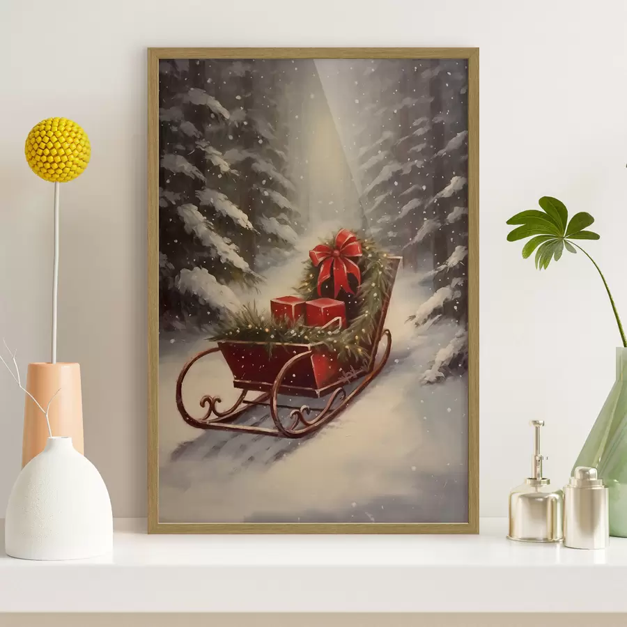 murales de pared Trineo navideño con regalos en un bosque nevado f46630