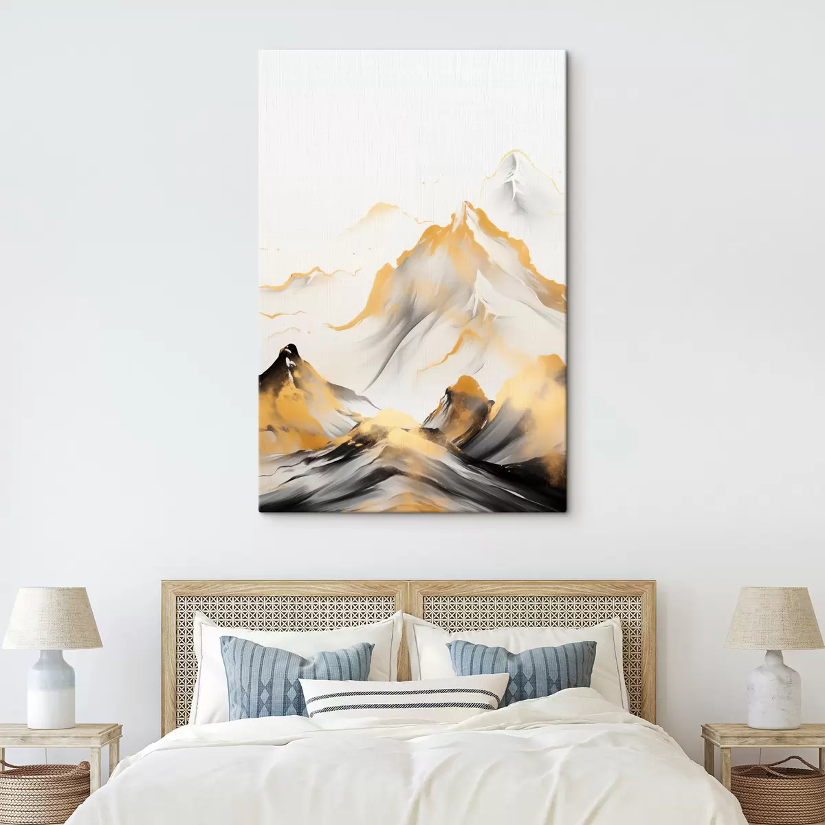 murales de pared Montañas amarillas y negras con picos nevados, estilo de pintura con tinta china, cordillera minimalista. s46683