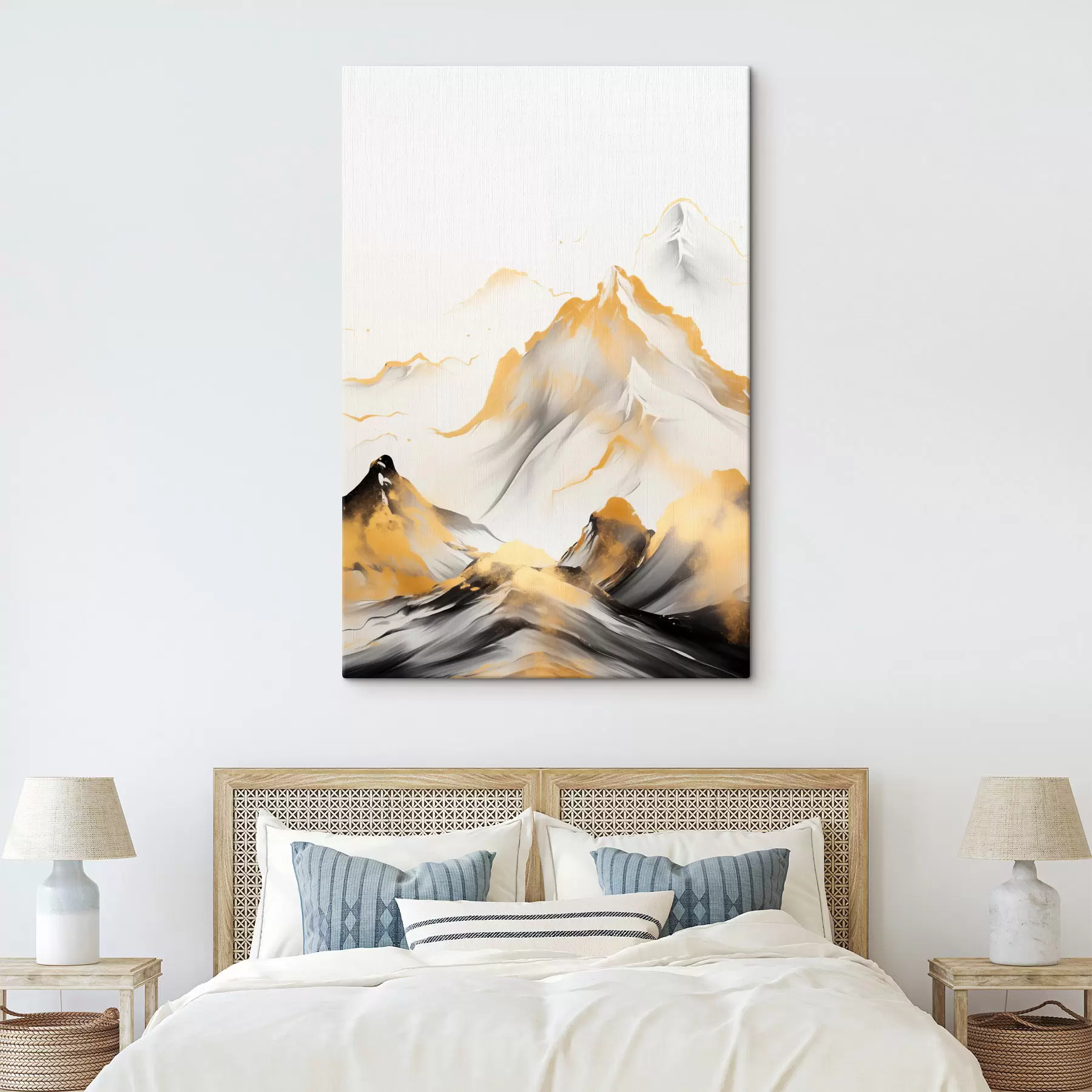 murales de pared Montañas amarillas y negras con picos nevados, estilo de pintura con tinta china, cordillera minimalista. s46683