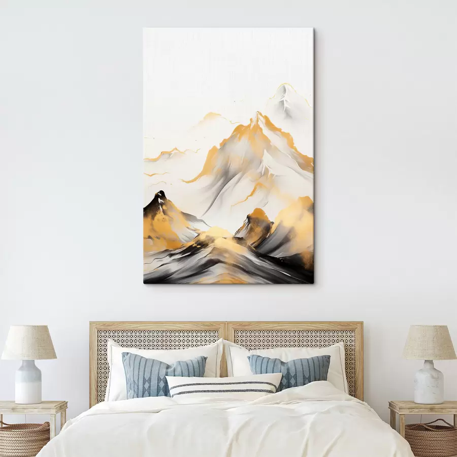 murales de pared Montañas amarillas y negras con picos nevados, estilo de pintura con tinta china, cordillera minimalista. s46683