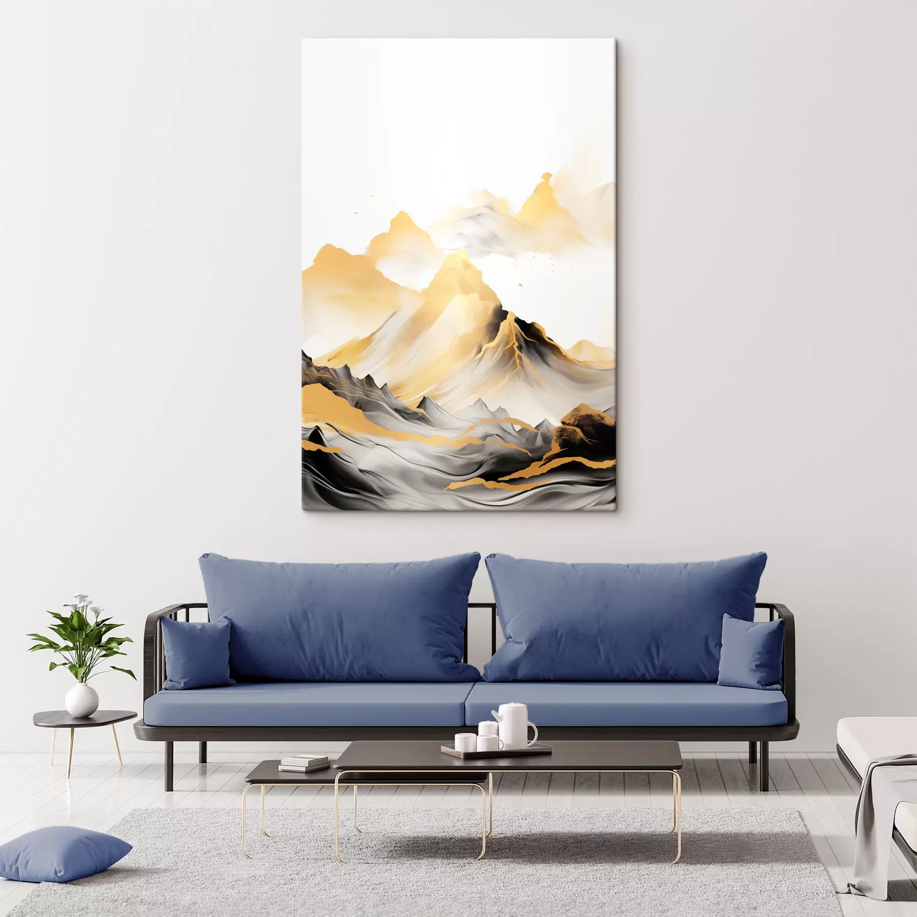 murales de pared Montañas amarillas y negras con textura y picos nevados, estilo de pintura con tinta china, cordillera minimalista s46684