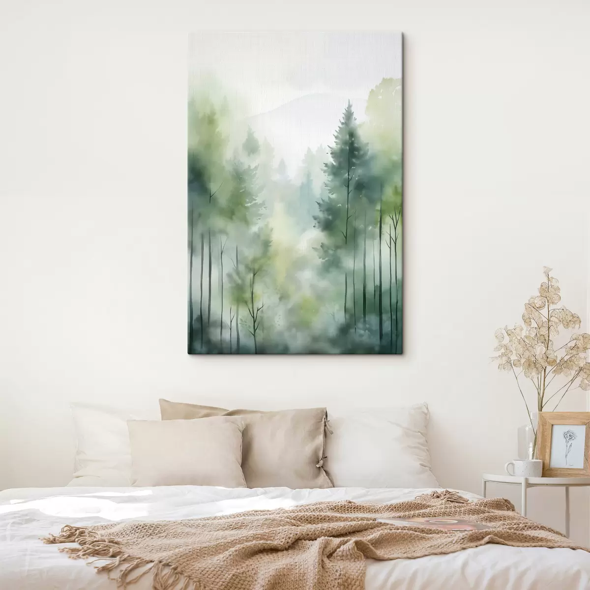 murales de pared Imitación de pintura en acuarela de un bosque brumoso con altos pinos y montañas al fondo. s46690