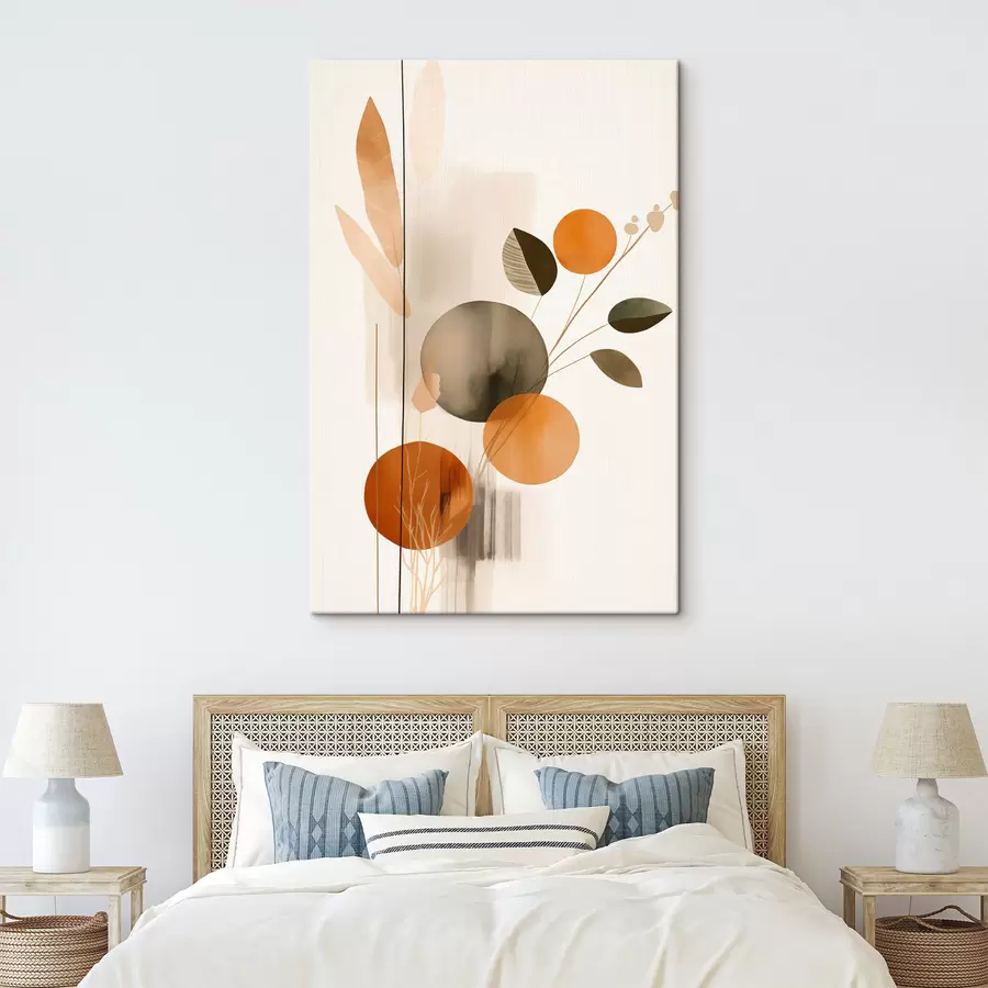 murales de pared Imitación de pintura abstracta con círculos naranjas y grises, hojas y ramas, estilo moderno, efecto acuarela. s46697