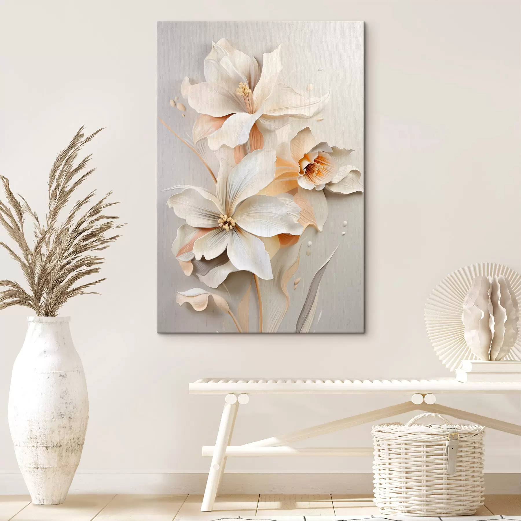 murales de pared Flores blancas, pétalos con sombras suaves, fondo beige claro, composición elegante, estilo minimalista s46699