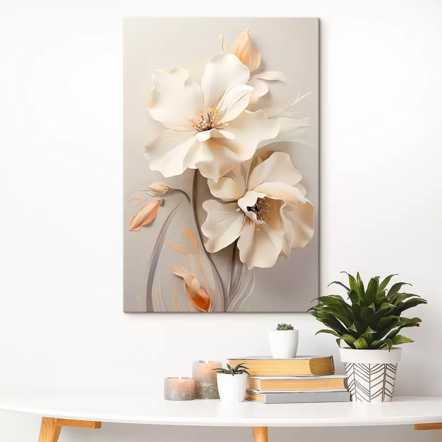 murales de pared Flores blancas, pétalos con sombras suaves, fondo beige claro, composición elegante, estilo minimalista. s46700