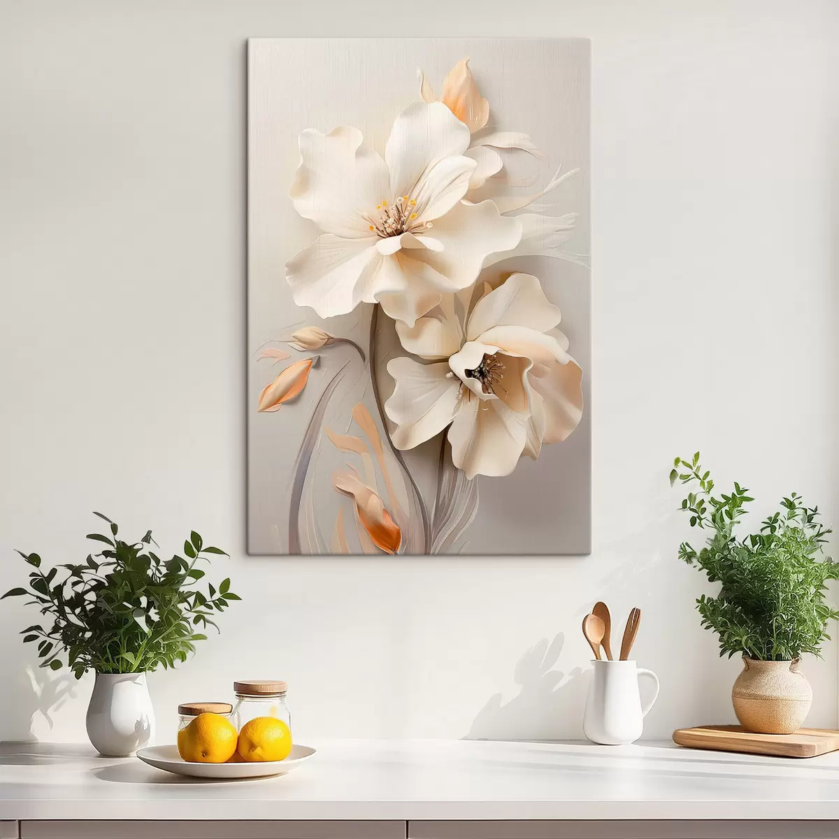 murales de pared Flores blancas, pétalos con sombras suaves, fondo beige claro, composición elegante, estilo minimalista. s46700