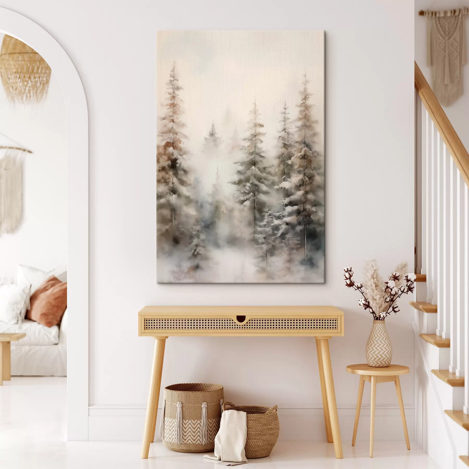 murales de pared Altos pinos cubiertos de nieve, erguidos en un bosque brumoso, una escena invernal suave y apagada s46701