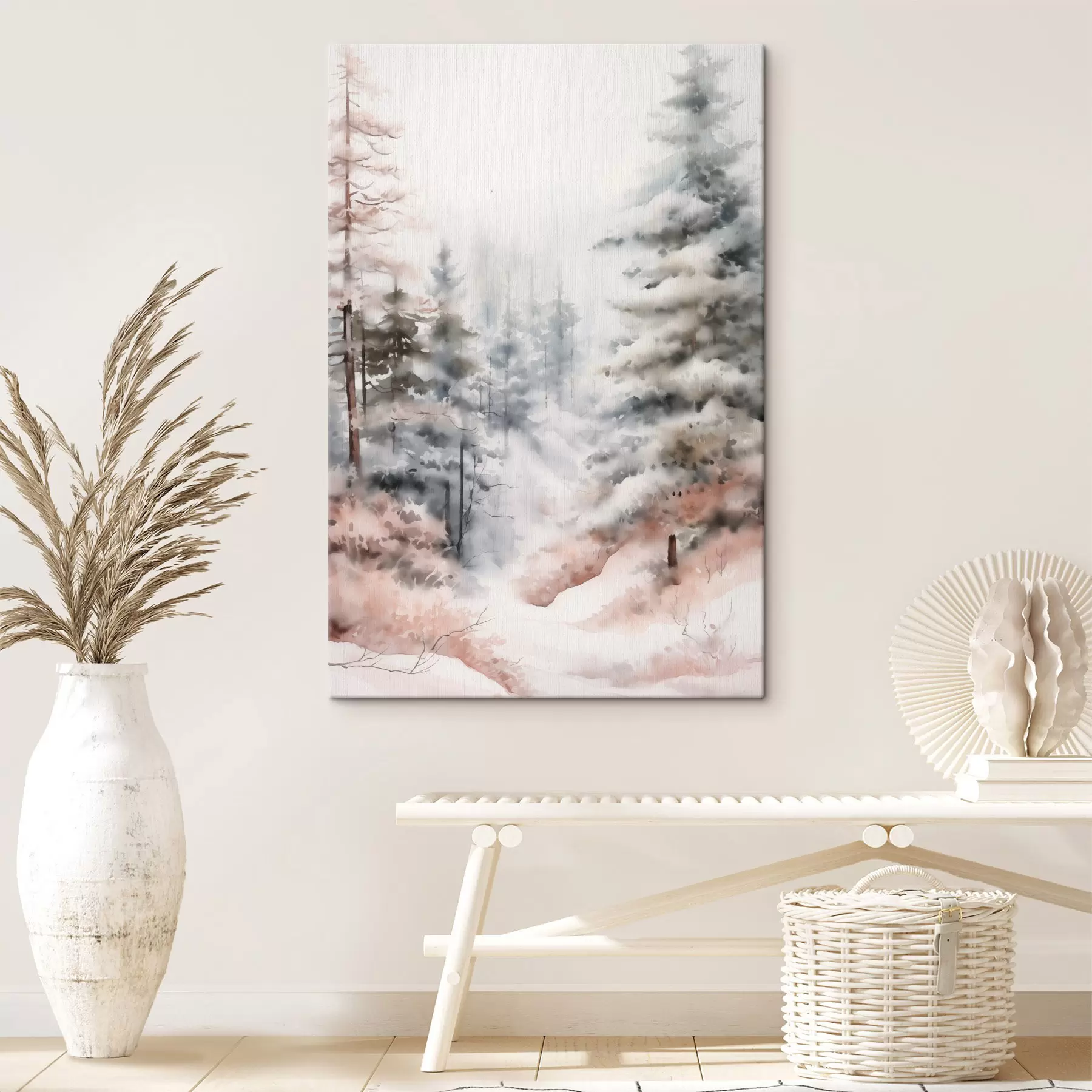 murales de pared Altos pinos cubiertos de nieve, erguidos en un bosque brumoso, una escena invernal suave y apagada s46702