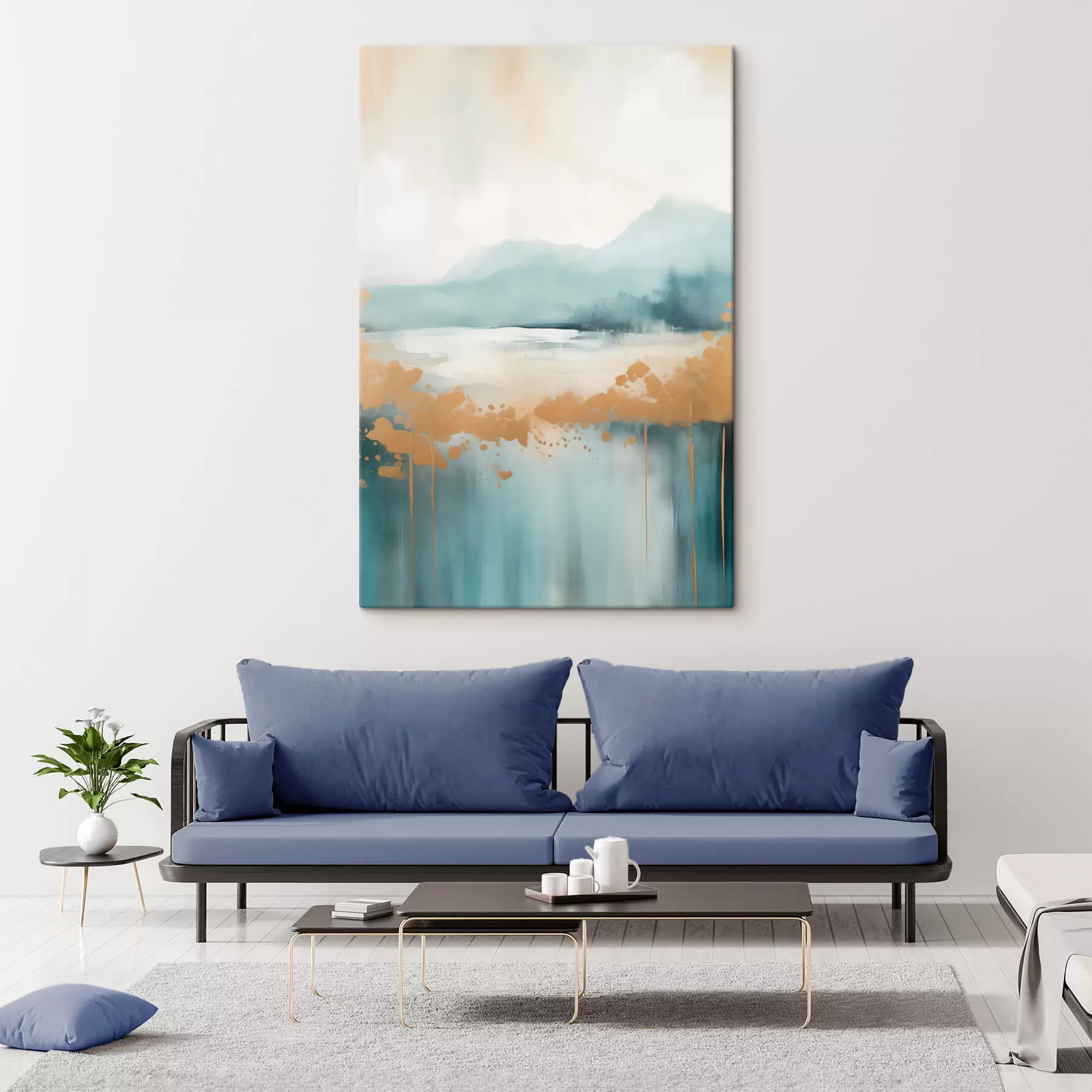 murales de pared Paisaje abstracto con montañas y lago en verde azulado y amarillo texturizado, pinceladas suaves, obra de arte minimalista s46703