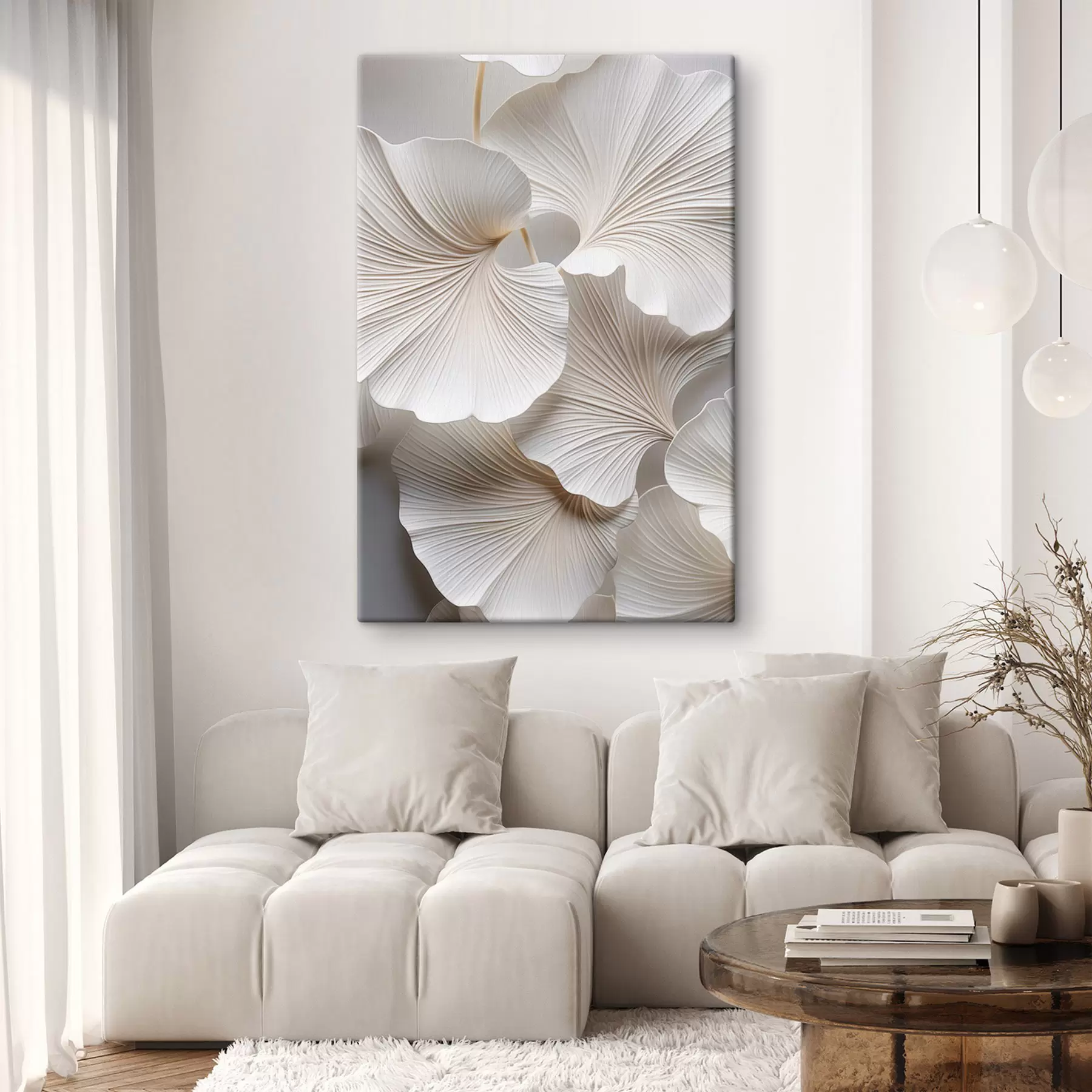 murales de pared Hojas blancas de ginkgo biloba con nervaduras detalladas, iluminación suave, diseño elegante y minimalista con textura s46705