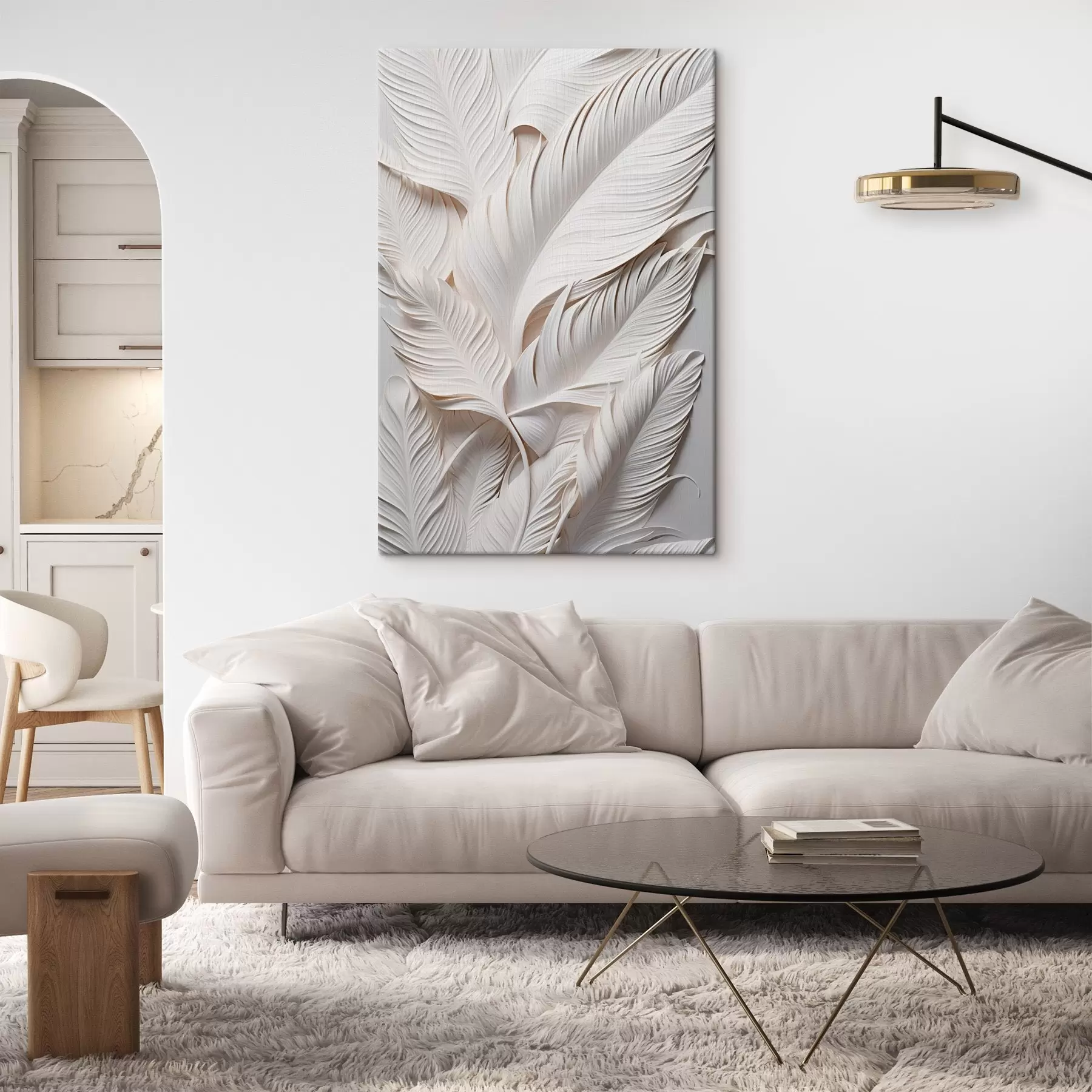 murales de pared Hojas blancas con detalles intrincados, creando un efecto texturizado y en capas, arte minimalista s46706