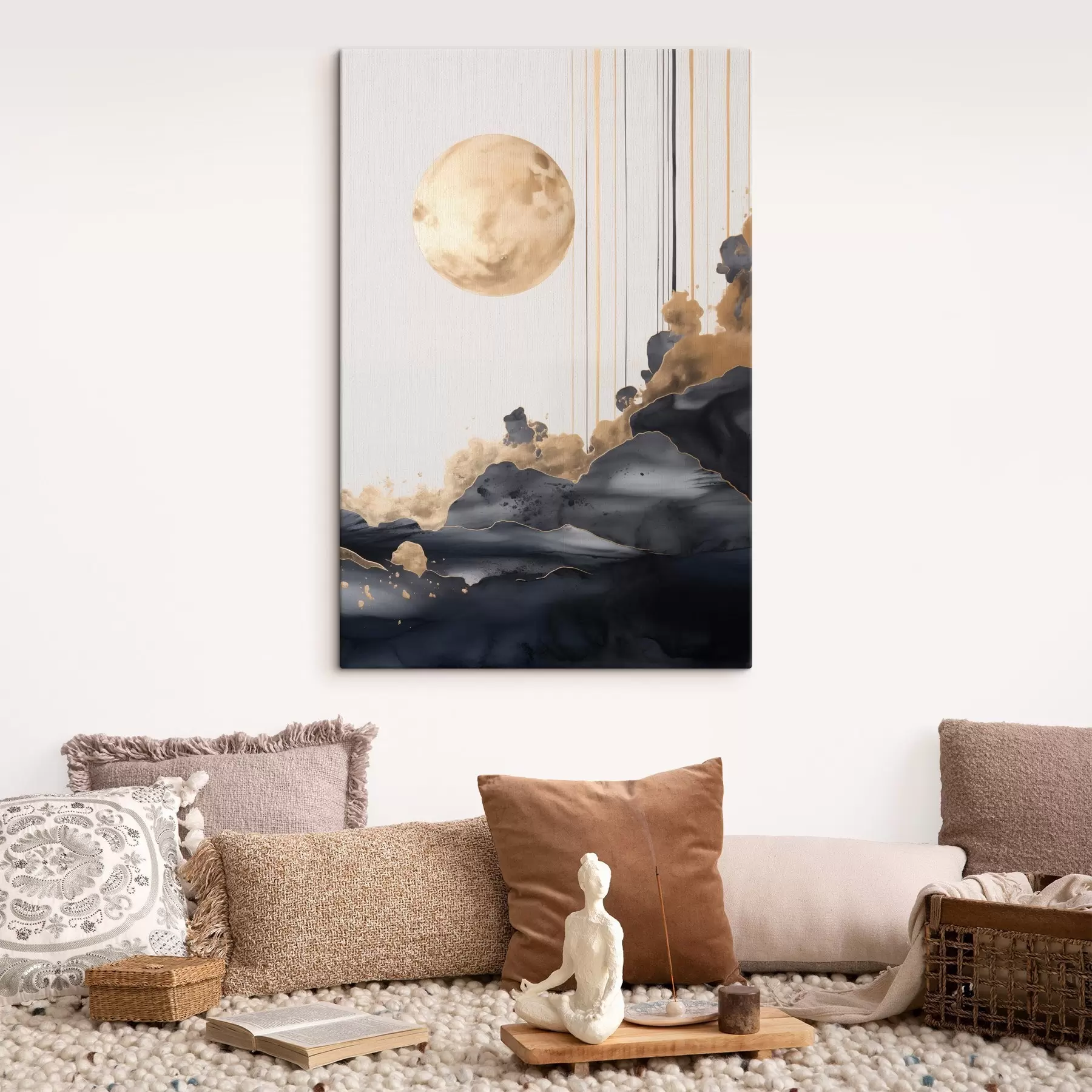 murales de pared Luna llena con nubes negras y amarillas texturizadas, líneas verticales, estilo abstracto, minimalista y moderno s46707