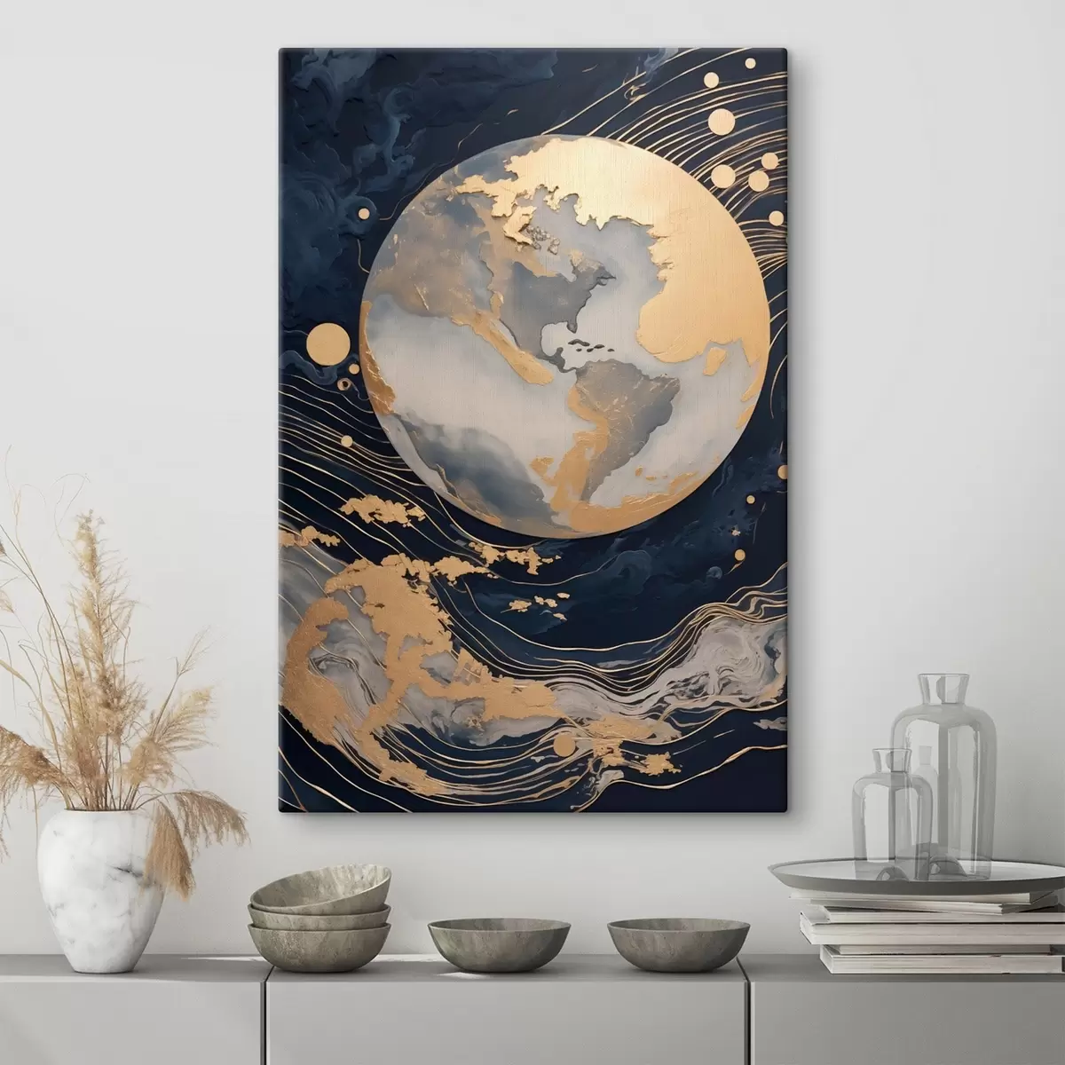 murales de pared Planeta decorativo con textura, líneas amarillas en el fondo, puntos amarillos en el fondo, fondo oscuro. s46708