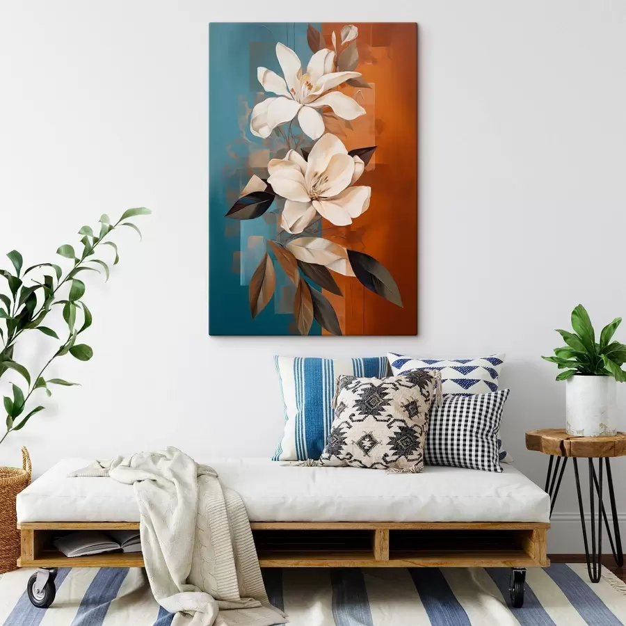 murales de pared Flores y hojas blancas abstractas con un fondo marrón y azul con formas abstractas, en un estilo minimalista. s46710