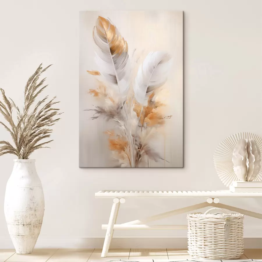 murales de pared Plumas abstractas, rodeadas de plumas beige y marrones, suaves y delicadas, sobre un fondo beige claro. s46711