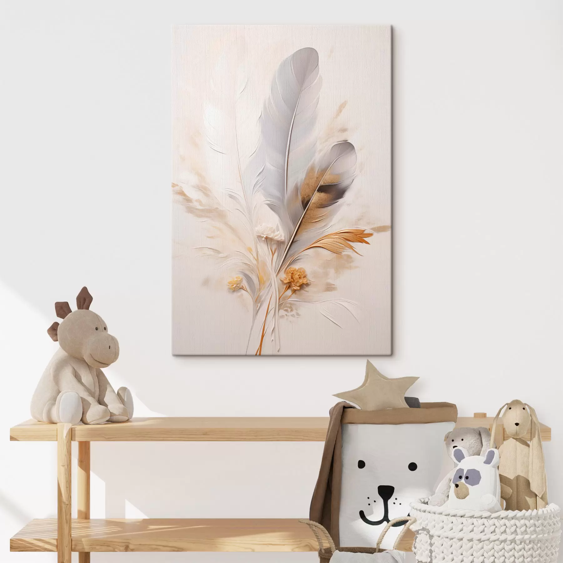 murales de pared Plumas abstractas, rodeadas de plumas beige y marrones, suaves y delicadas, sobre un fondo beige claro s46712