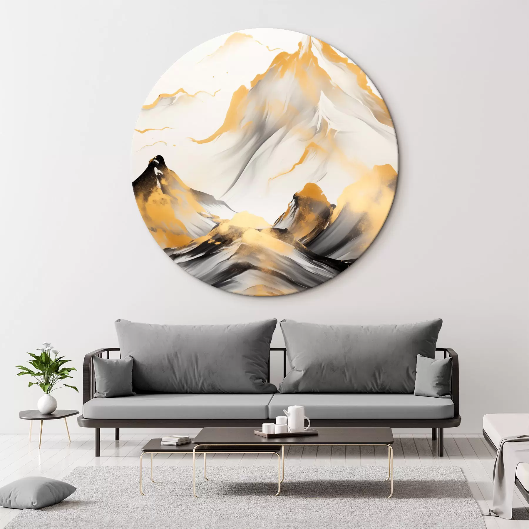 murales de pared Montañas amarillas y negras con picos nevados, estilo de pintura con tinta china, cordillera minimalista r46683