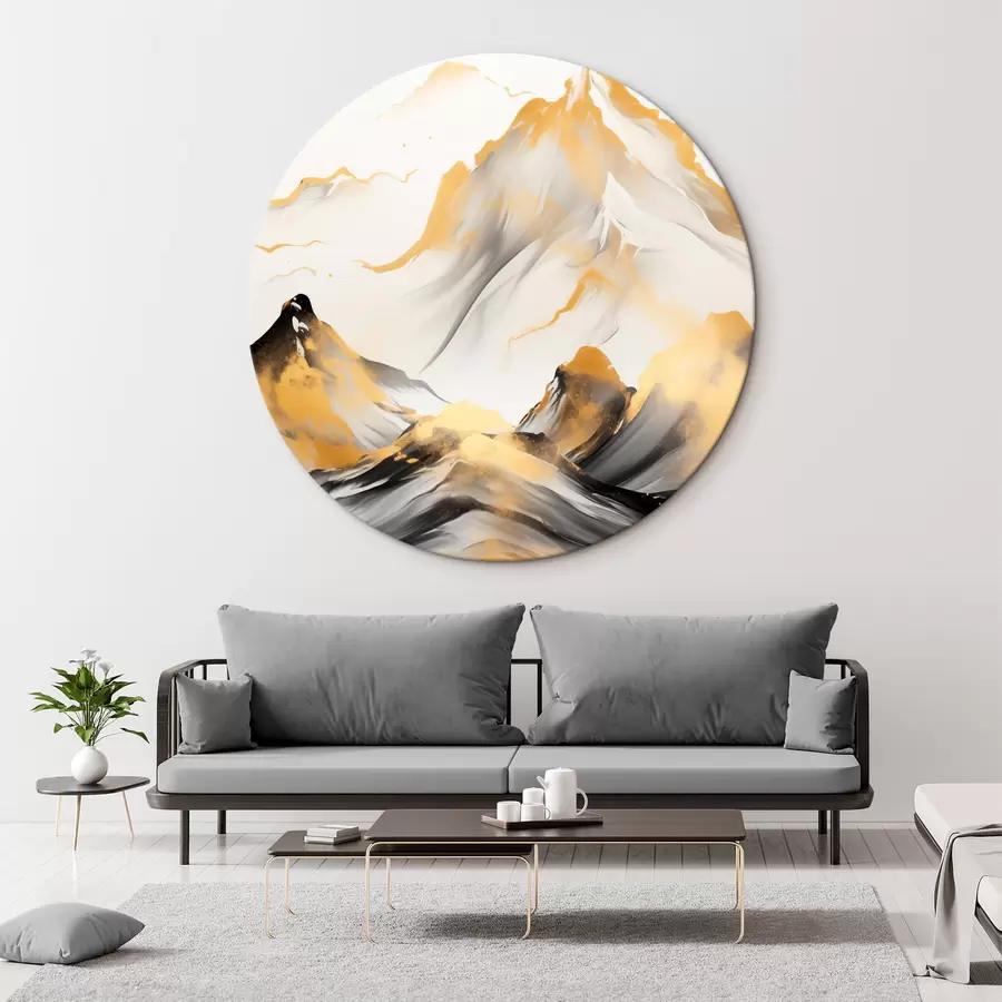 murales de pared Montañas amarillas y negras con picos nevados, estilo de pintura con tinta china, cordillera minimalista r46683