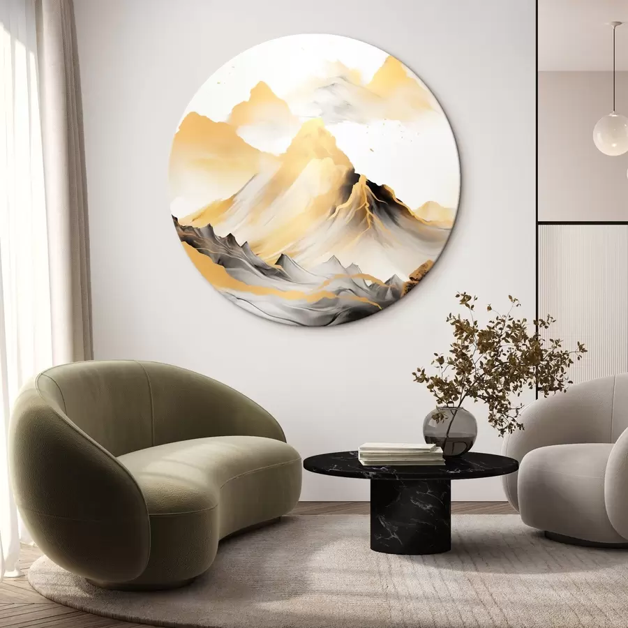 murales de pared Montañas amarillas y negras con picos nevados, estilo de pintura con tinta china, cordillera minimalista r46684