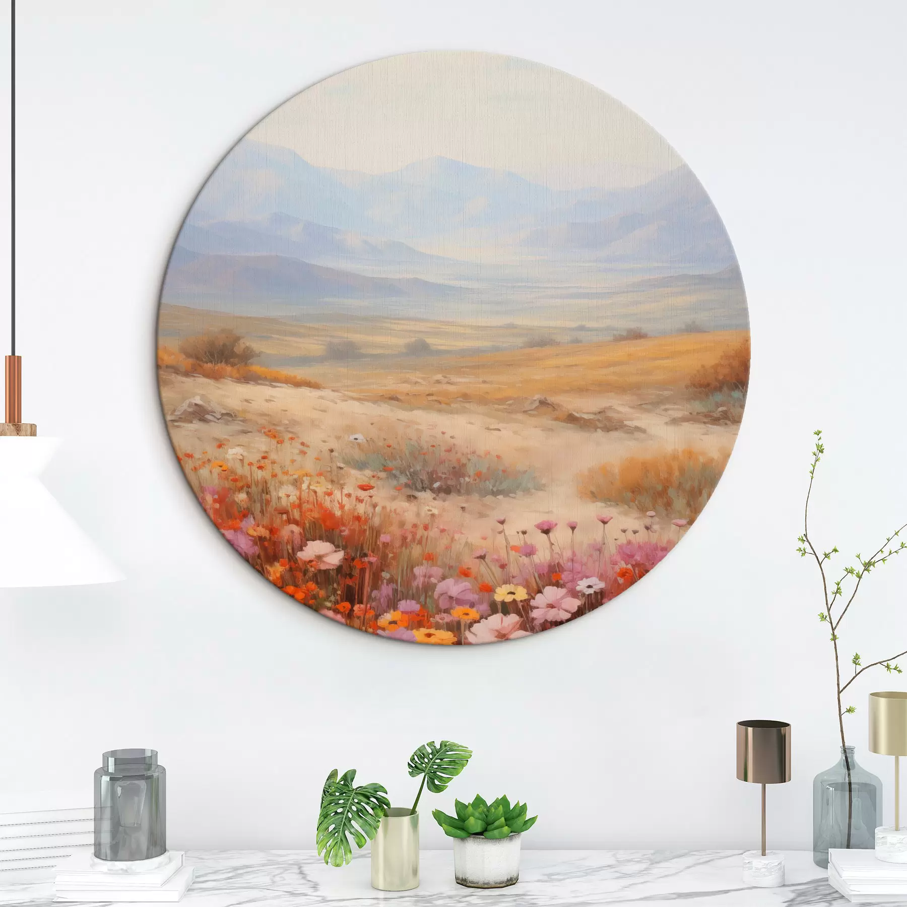 murales de pared Paisaje, un campo de flores coloridas con montañas al fondo, colores suaves y pastel r46685