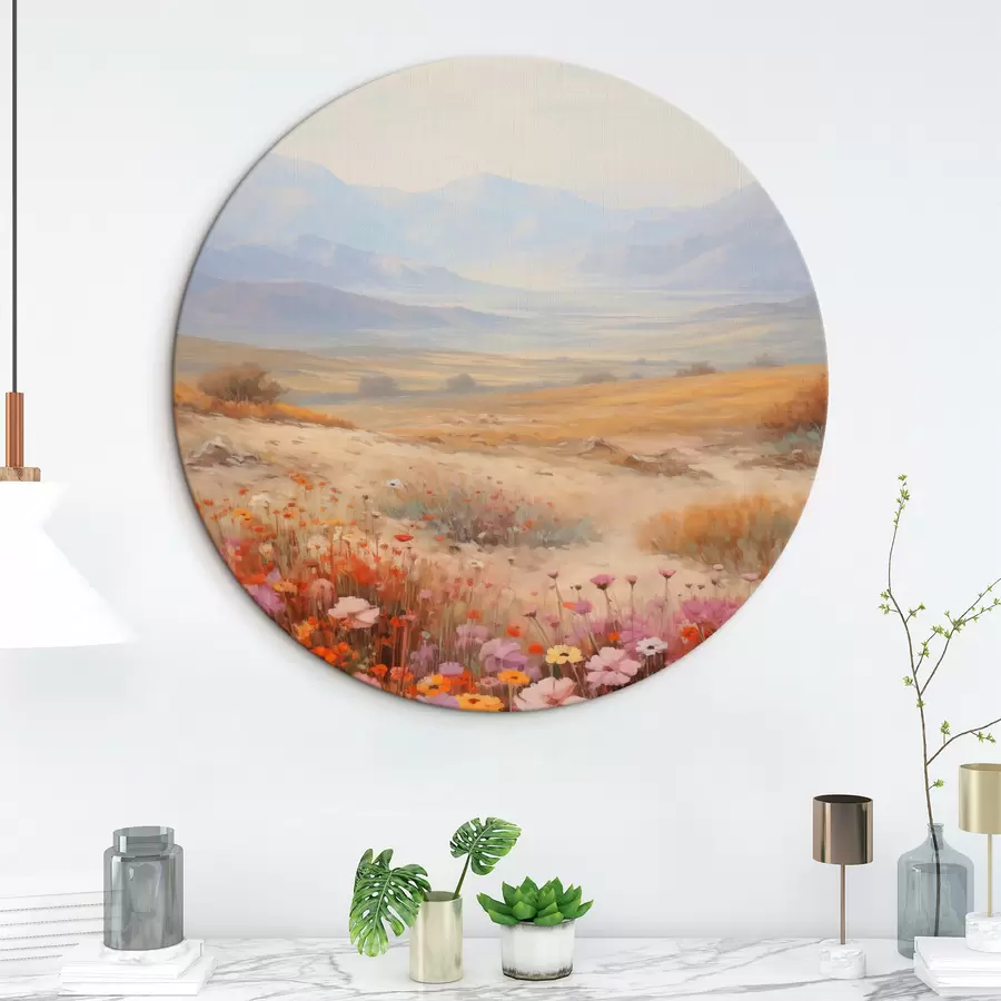 murales de pared Paisaje, un campo de flores coloridas con montañas al fondo, colores suaves y pastel r46685