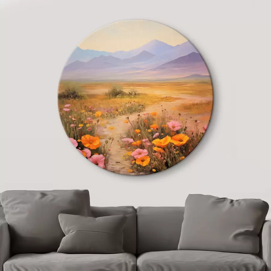 murales de pared Paisaje, un campo de flores coloridas con montañas al fondo, colores suaves y pastel r46686