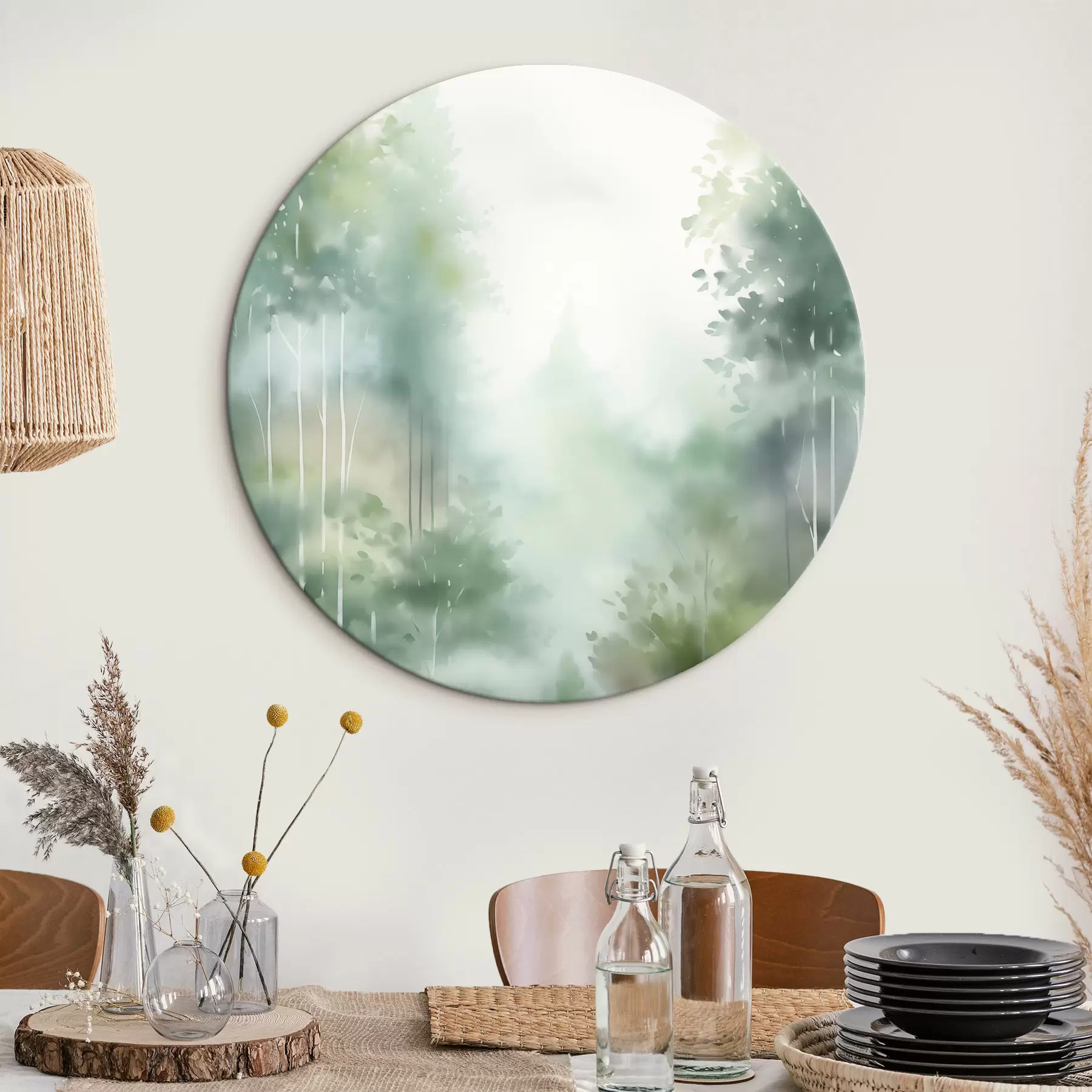 murales de pared Imitación de pintura en acuarela de un bosque abstracto con árboles altos y follaje verde, colores suaves y apagados r46689