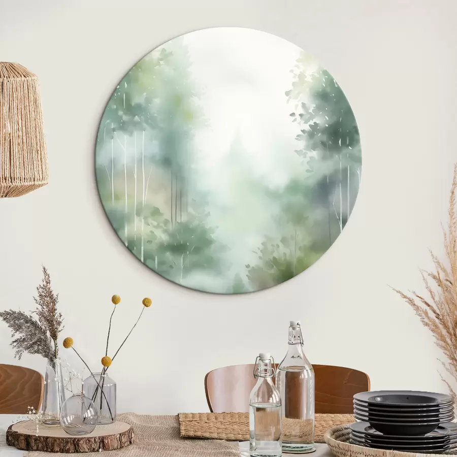 murales de pared Imitación de pintura en acuarela de un bosque abstracto con árboles altos y follaje verde, colores suaves y apagados r46689