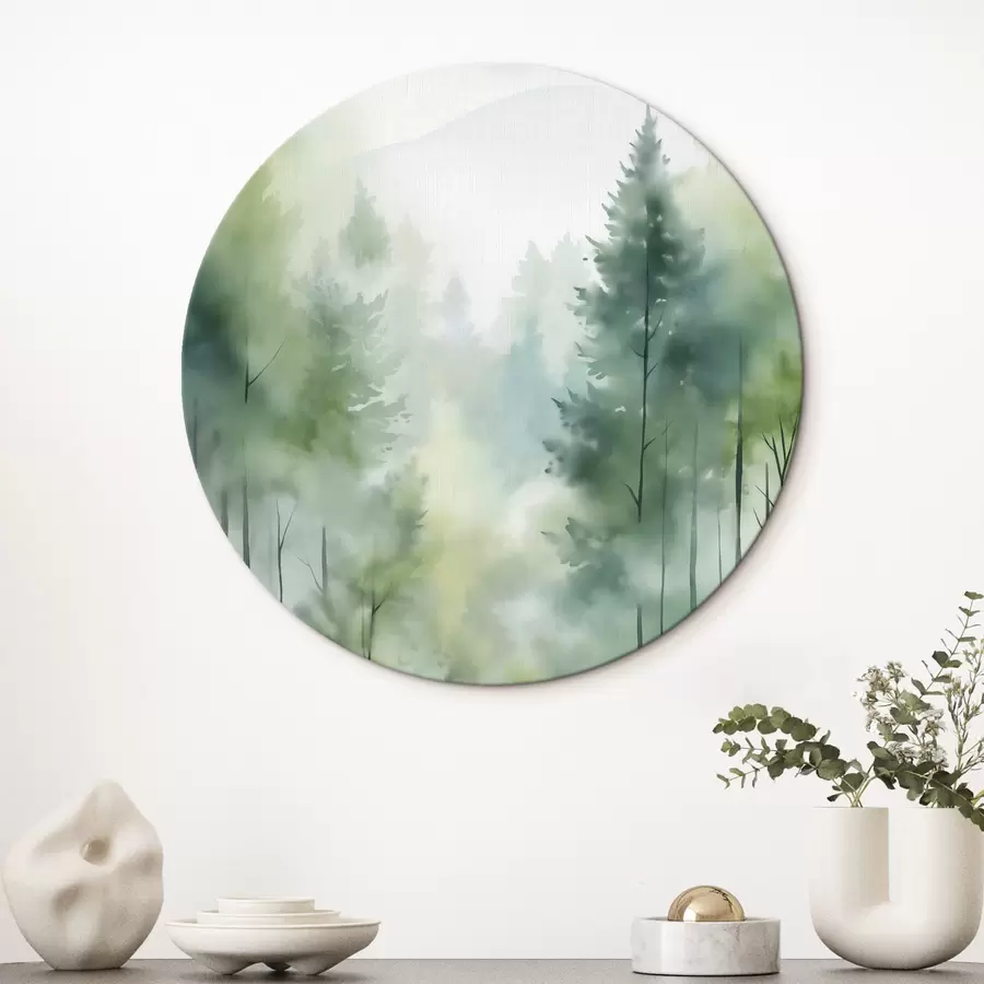 murales de pared Imitación de pintura en acuarela de un bosque brumoso con altos pinos y montañas al fondo r46690