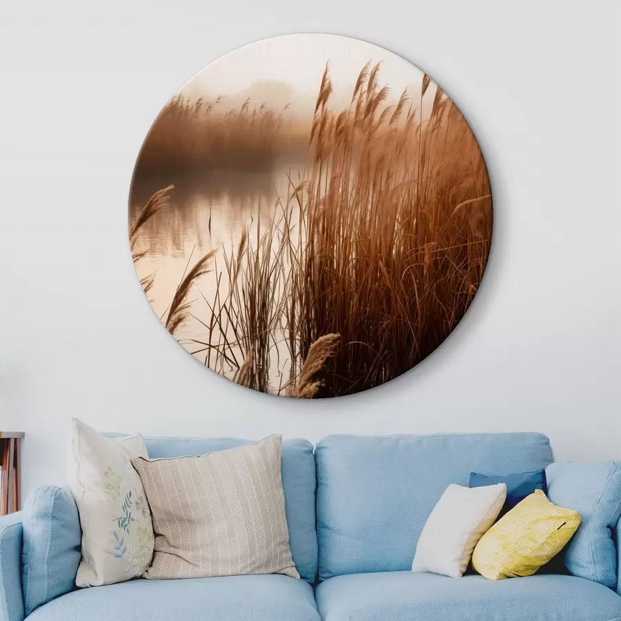 murales de pared Juncos altos que crecen en un cuerpo de agua, el agua refleja los juncos, fondo brumoso, luz suave, escena natural r46695