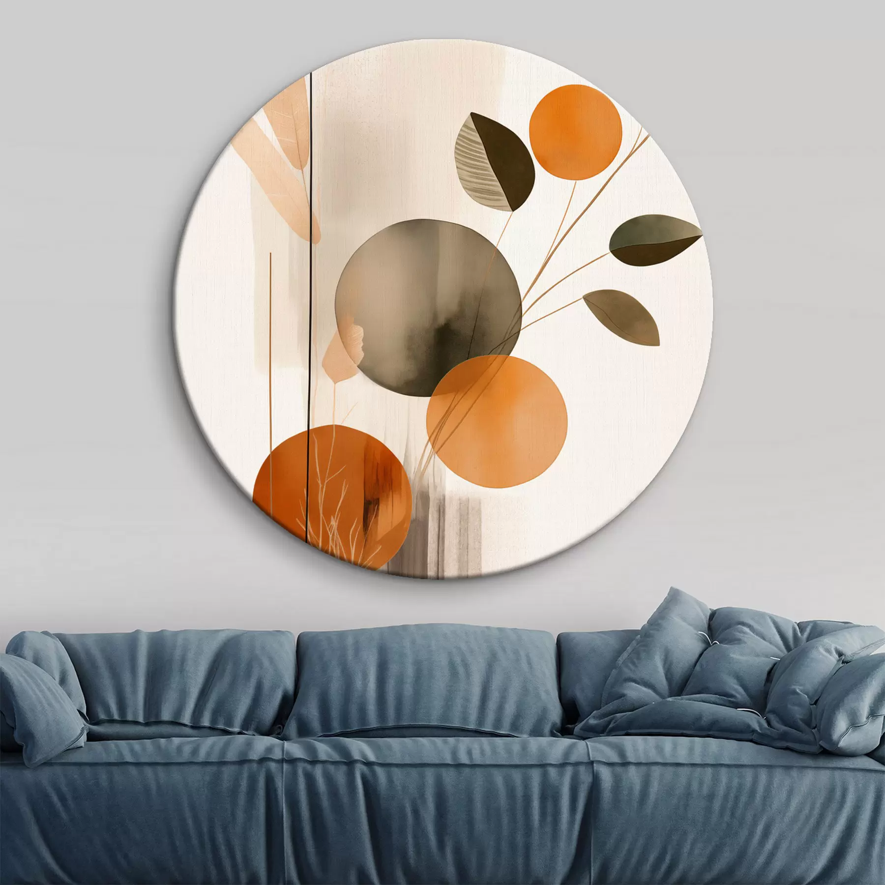 murales de pared Imitación de pintura abstracta con círculos naranjas y grises, hojas y ramas, estilo moderno, efecto acuarela r46697