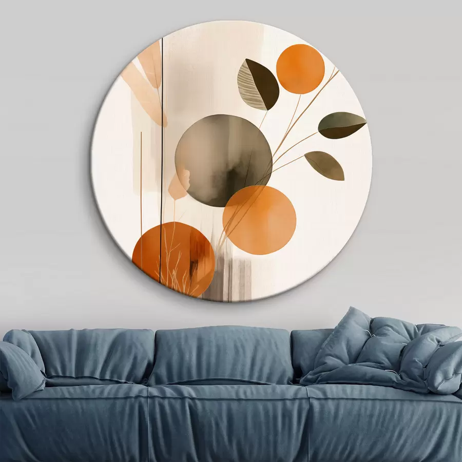 murales de pared Imitación de pintura abstracta con círculos naranjas y grises, hojas y ramas, estilo moderno, efecto acuarela r46697