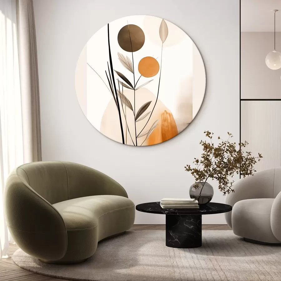 murales de pared Imitación de pintura abstracta con círculos naranjas y grises, hojas y ramas, estilo moderno, efecto acuarela r46698