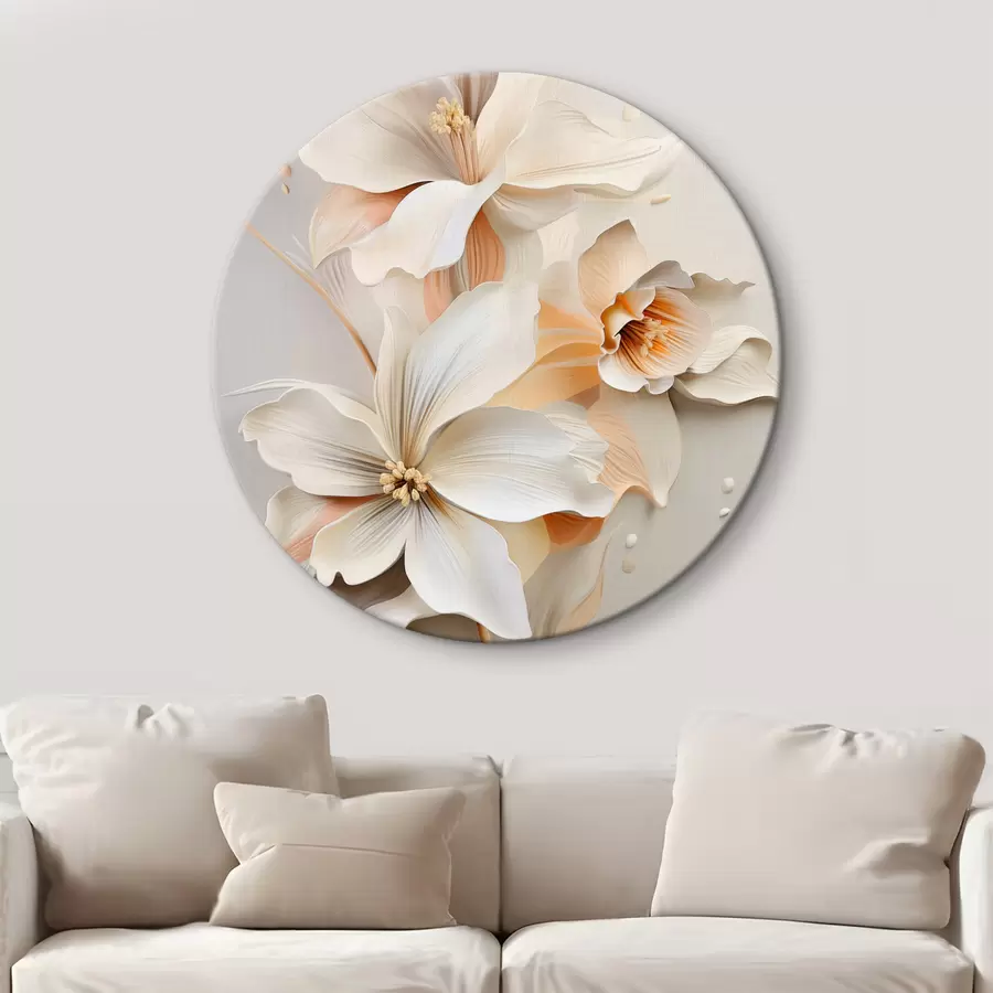murales de pared Flores blancas, pétalos con sombras suaves, fondo beige claro, composición elegante, estilo minimalista r46699