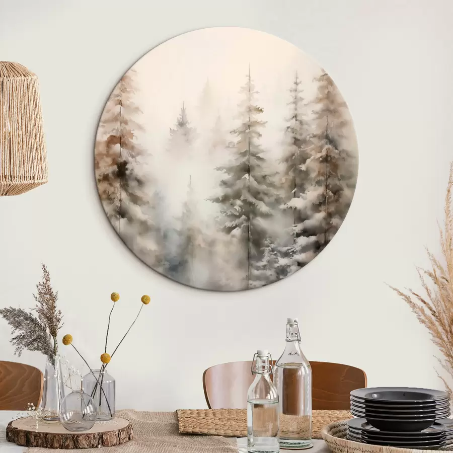 murales de pared Altos pinos cubiertos de nieve, erguidos en un bosque brumoso, una escena invernal suave y apagada r46701